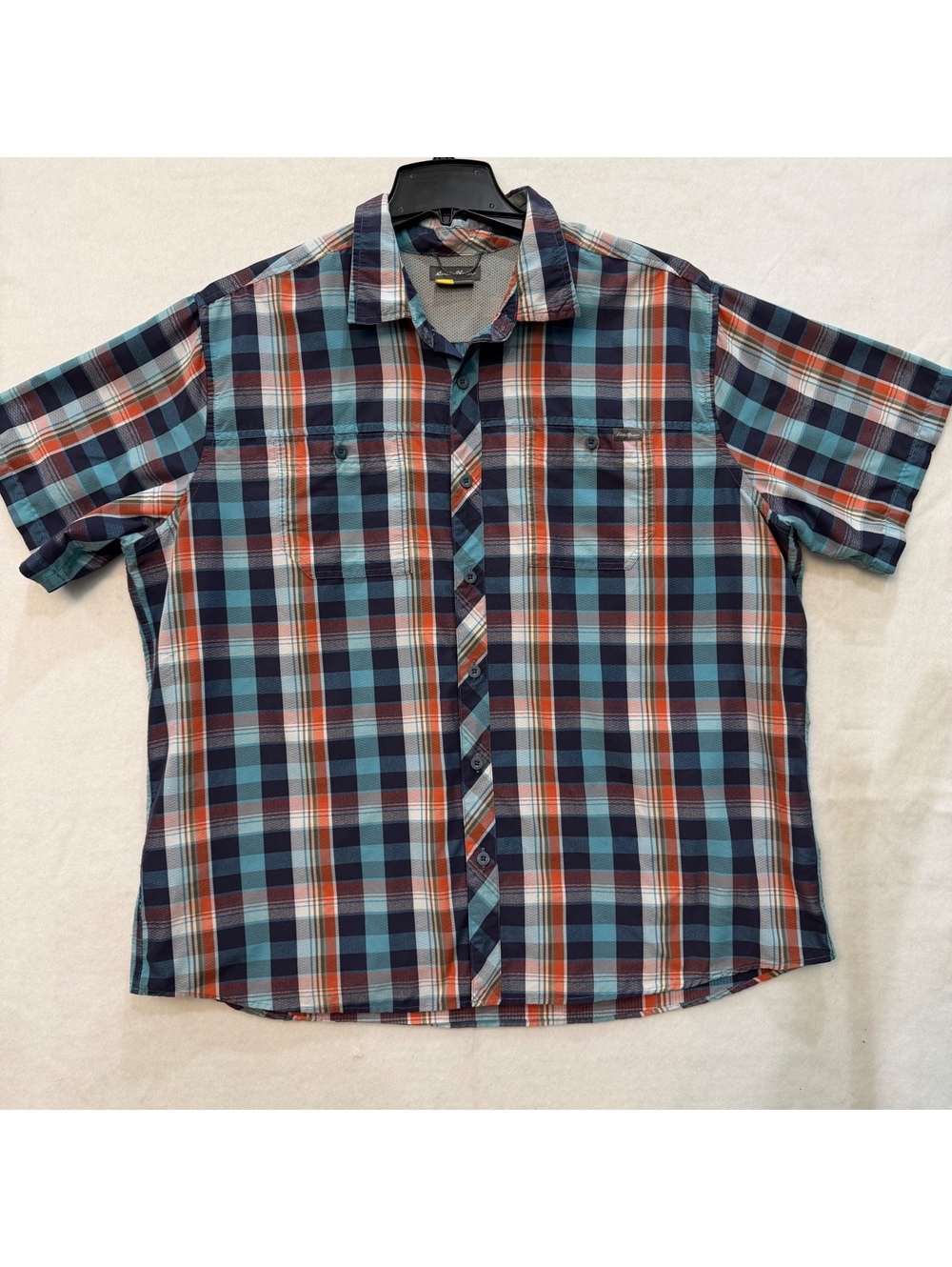 Eddie Bauer Travex Button Down Shirt Men's 2XL Plaid Blue Orange Short Sleeve